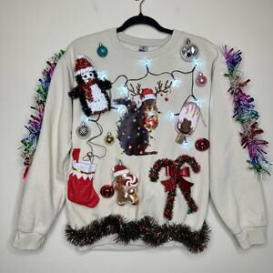 Ugly Christmas Sweater Squirrel LIGHTS UP Tacky Tinsel Xmas Party Winner Small